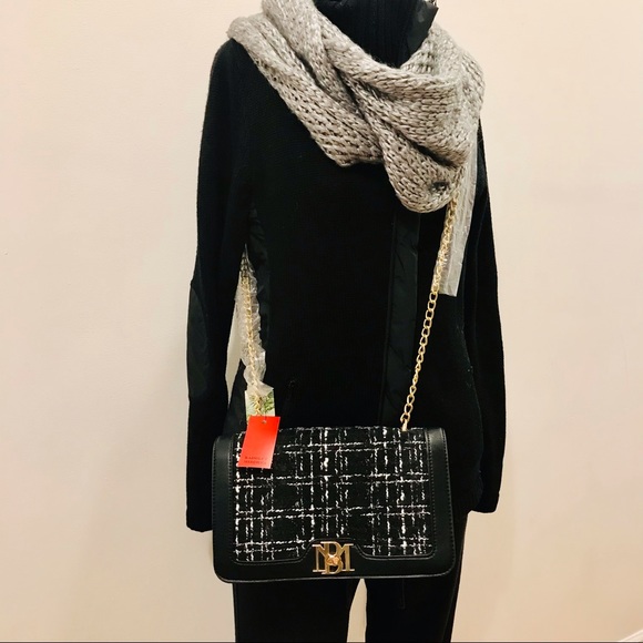 Badgley Mischka Handbags - Badgley Mishka black & white tweed, vegan leather and yellow metal crossbody bag